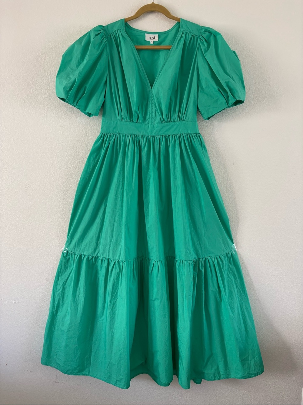 Seed Heritage Poplin Waisted Maxi Dress Jade Green Puff Sleeve V-Neck Size: US 8 - Picture 2 of 16